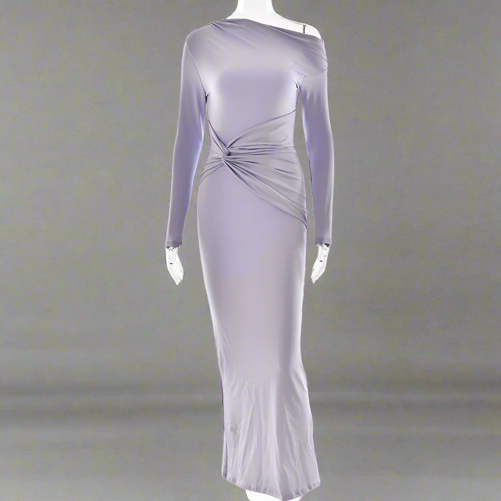 Women's Slim Fit Long Sleeve Oblique Shoulder Pleated Event Gown Dress - ChoreGirl