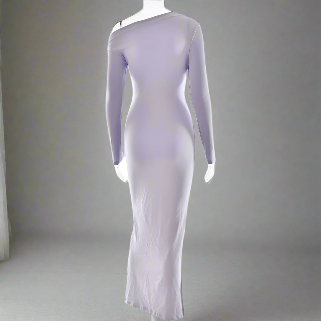Women's Slim Fit Long Sleeve Oblique Shoulder Pleated Event Gown Dress - ChoreGirl
