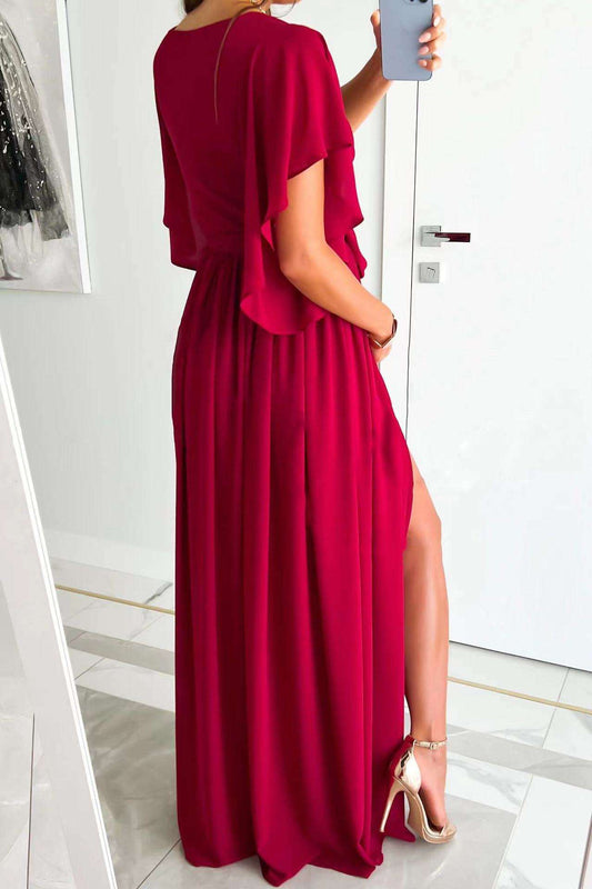Women's Solid Color Bell Sleeve Loose V-neck Long Dress - ChoreGirl