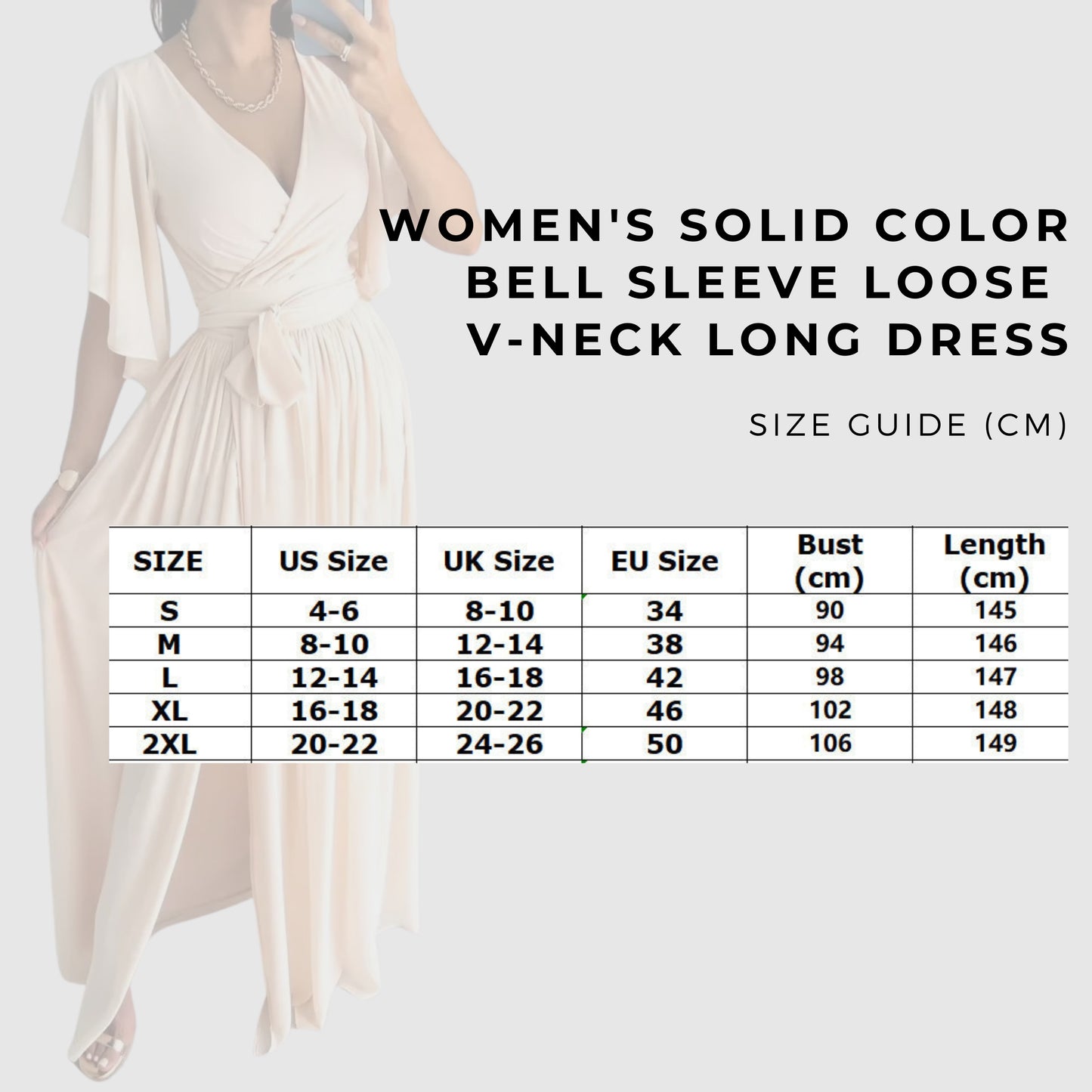 Women's Solid Color Bell Sleeve Loose V-neck Long Dress - ChoreGirl