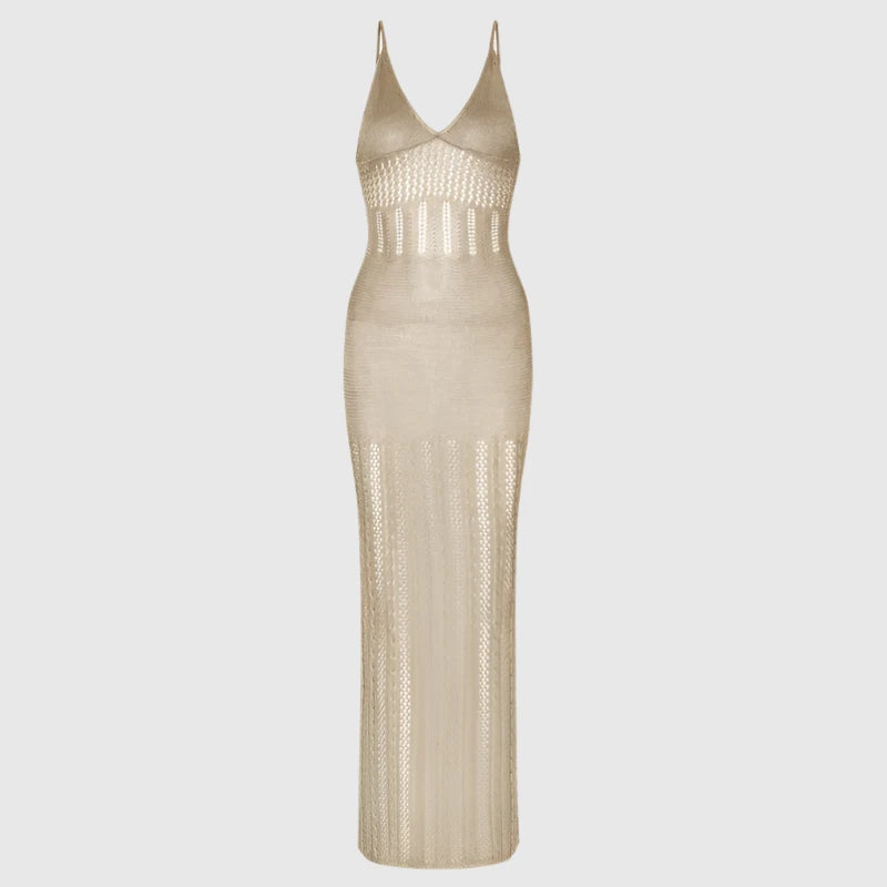 Women's Solid Color Hollow Knitted Beach Cover-up Dress - ChoreGirl