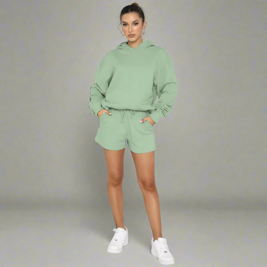 Women's Solid Color Long Sleeved Hooded Pullover Set - ChoreGirl
