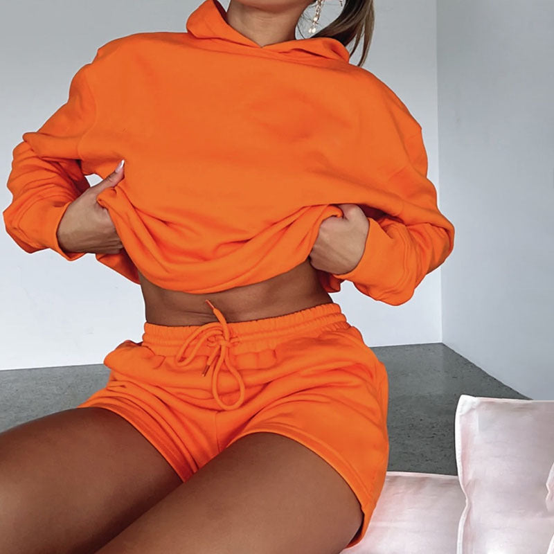 Women's Solid Color Long Sleeved Hooded Pullover Set - ChoreGirl