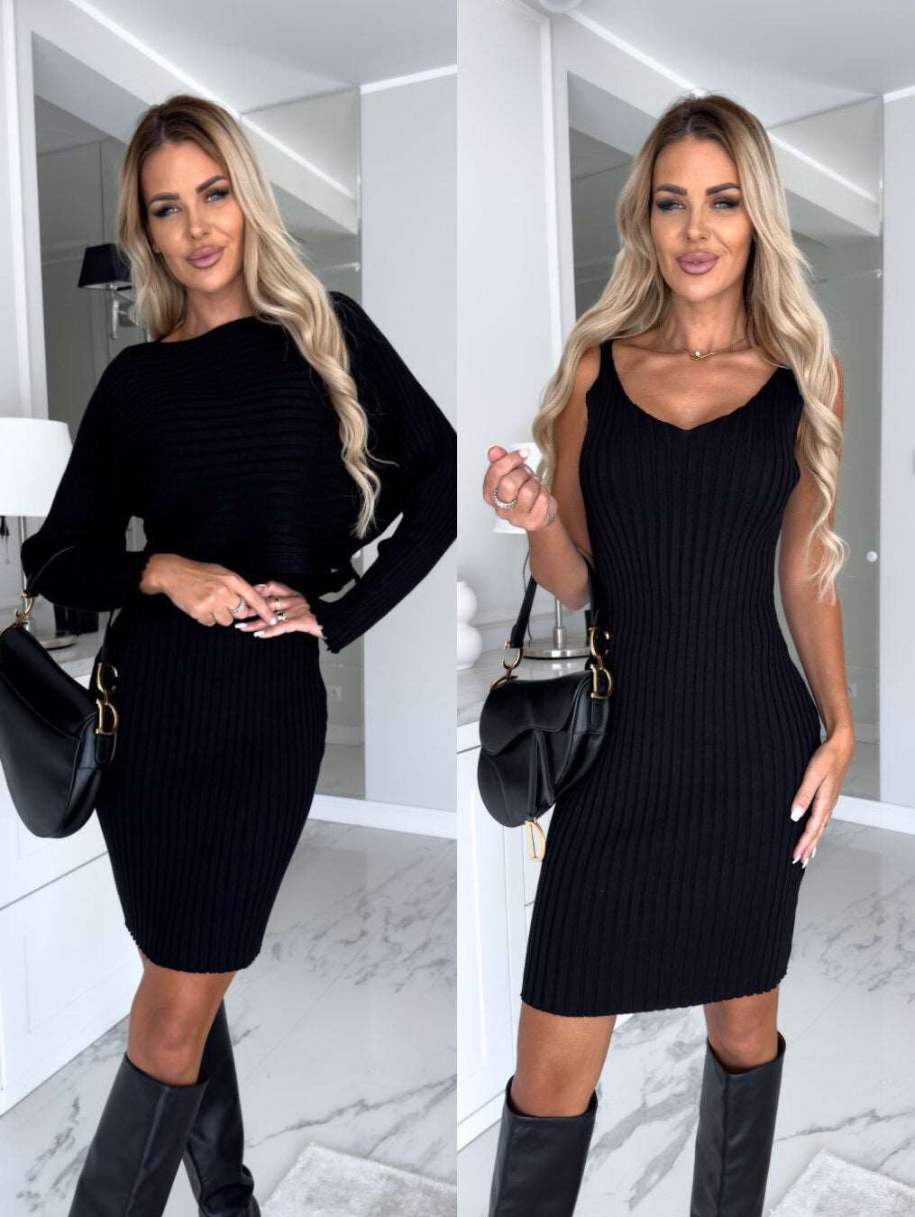 Women's Solid Stripe Long-sleeved Top And Tight Suspender Strap Dress - ChoreGirl