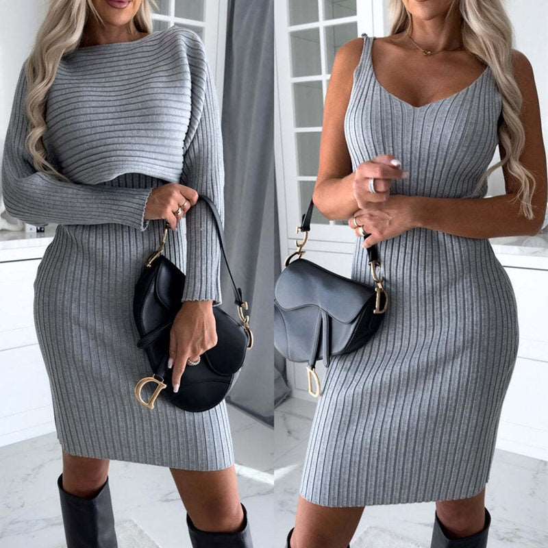 Women's Solid Stripe Long-sleeved Top And Tight Suspender Strap Dress - ChoreGirl