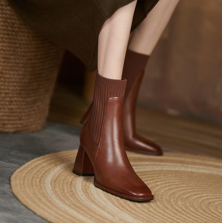 Women's Square Toe Vintage Chunky Heel Knitted Stretch Sock High Heel Ankle Boots - ChoreGirl