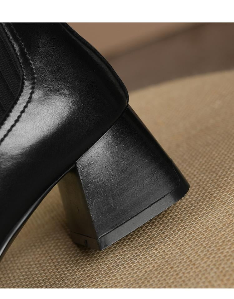 Women's Square Toe Vintage Chunky Heel Knitted Stretch Sock High Heel Ankle Boots - ChoreGirl