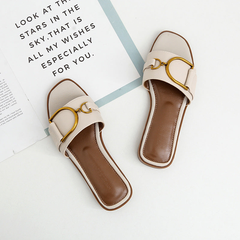 Women's Summer Gold Buckle Detail Flat Sandals - ChoreGirl
