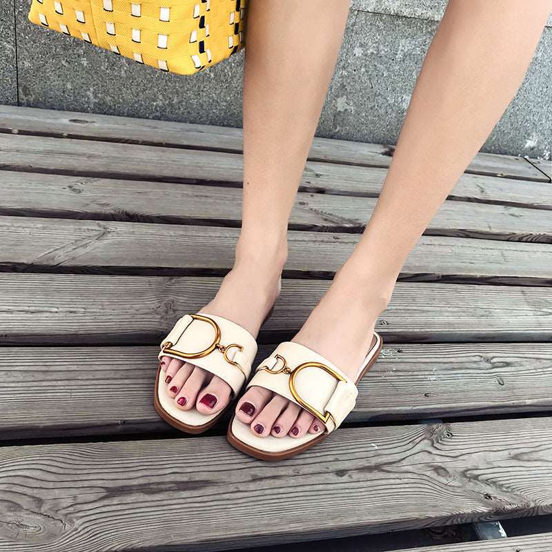 Women's Summer Gold Buckle Detail Flat Sandals - ChoreGirl