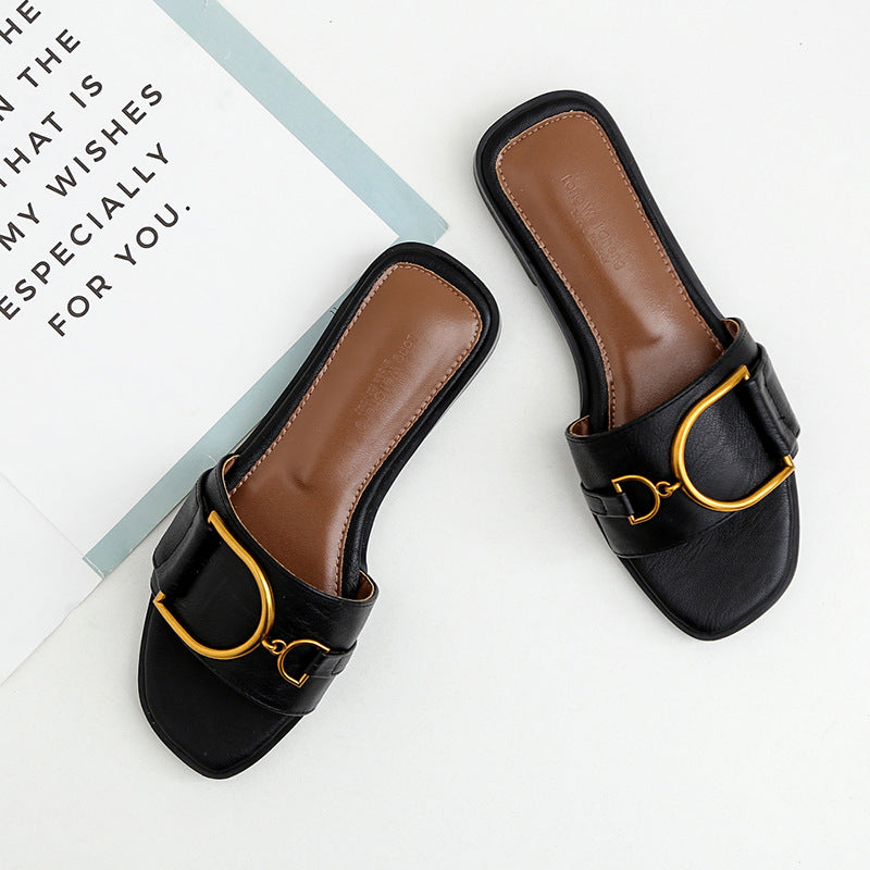 Women's Summer Gold Buckle Detail Flat Sandals - ChoreGirl