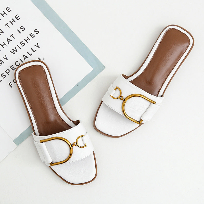 Women's Summer Gold Buckle Detail Flat Sandals - ChoreGirl