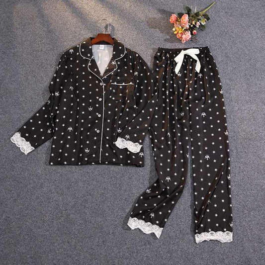 Women's Thin Ice Silk Satin and Lace Two-piece Pajamas Set - ChoreGirl