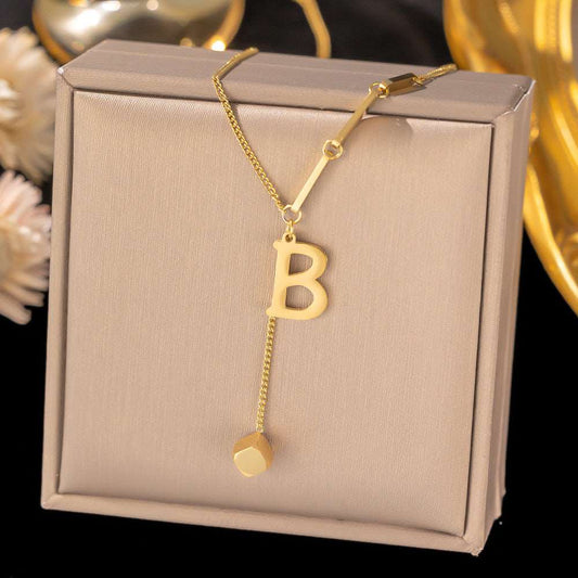 Women's Titanium Steel Graceful Personal Letter and Small Square Pendant Necklace - ChoreGirl