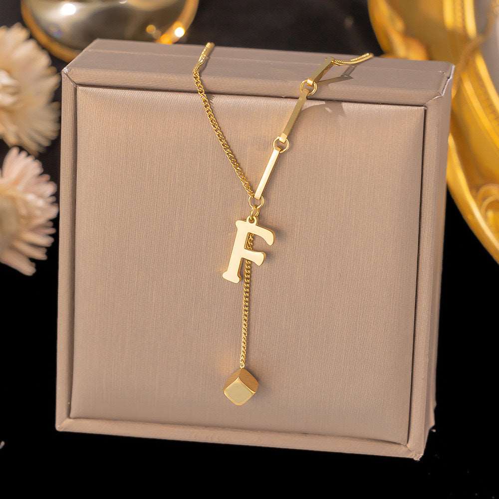 Women's Titanium Steel Graceful Personal Letter and Small Square Pendant Necklace - ChoreGirl