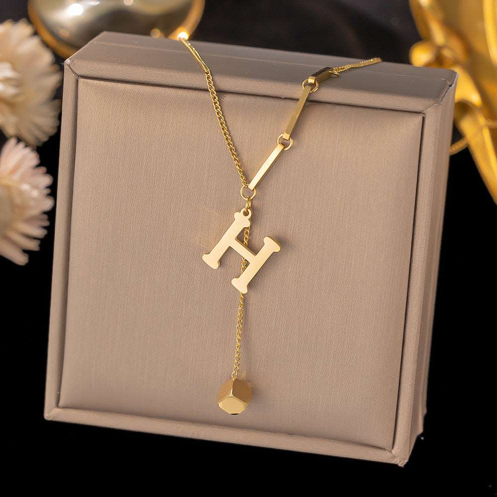 Women's Titanium Steel Graceful Personal Letter and Small Square Pendant Necklace - ChoreGirl
