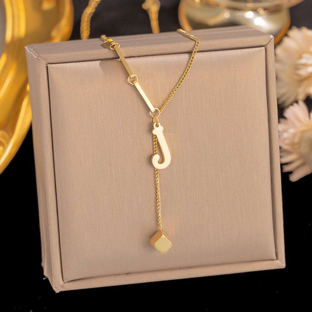 Women's Titanium Steel Graceful Personal Letter and Small Square Pendant Necklace - ChoreGirl