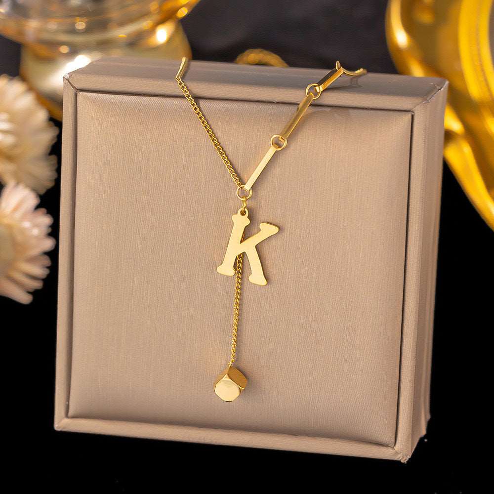 Women's Titanium Steel Graceful Personal Letter and Small Square Pendant Necklace - ChoreGirl