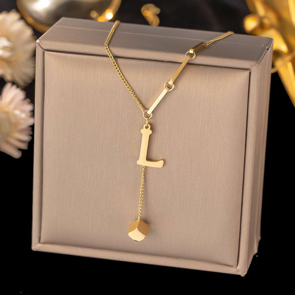 Women's Titanium Steel Graceful Personal Letter and Small Square Pendant Necklace - ChoreGirl