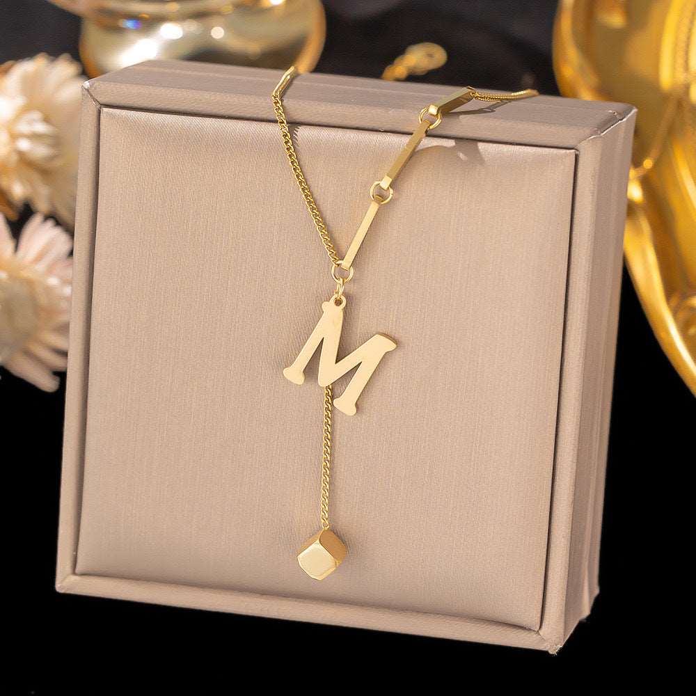 Women's Titanium Steel Graceful Personal Letter and Small Square Pendant Necklace - ChoreGirl