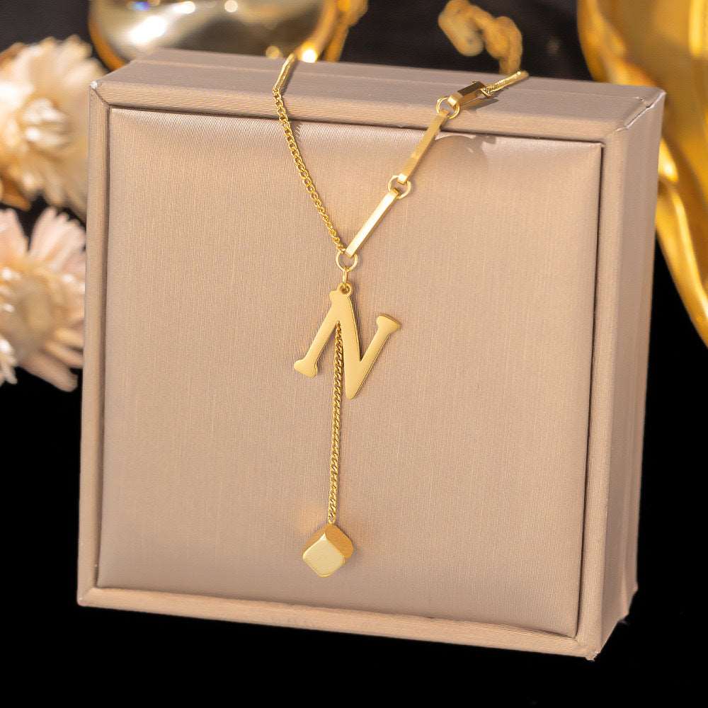 Women's Titanium Steel Graceful Personal Letter and Small Square Pendant Necklace - ChoreGirl