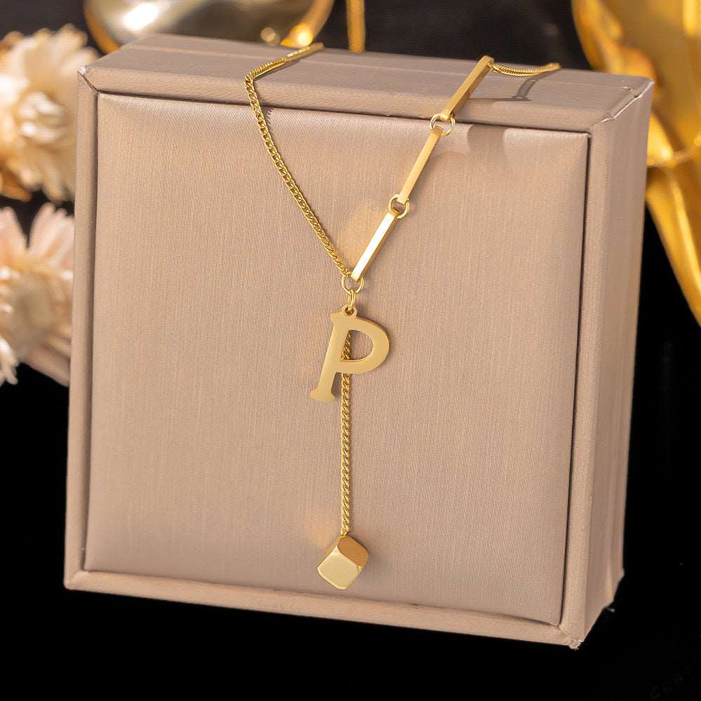 Women's Titanium Steel Graceful Personal Letter and Small Square Pendant Necklace - ChoreGirl
