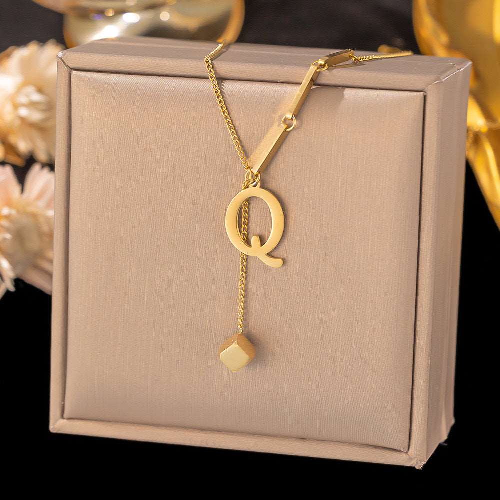 Women's Titanium Steel Graceful Personal Letter and Small Square Pendant Necklace - ChoreGirl