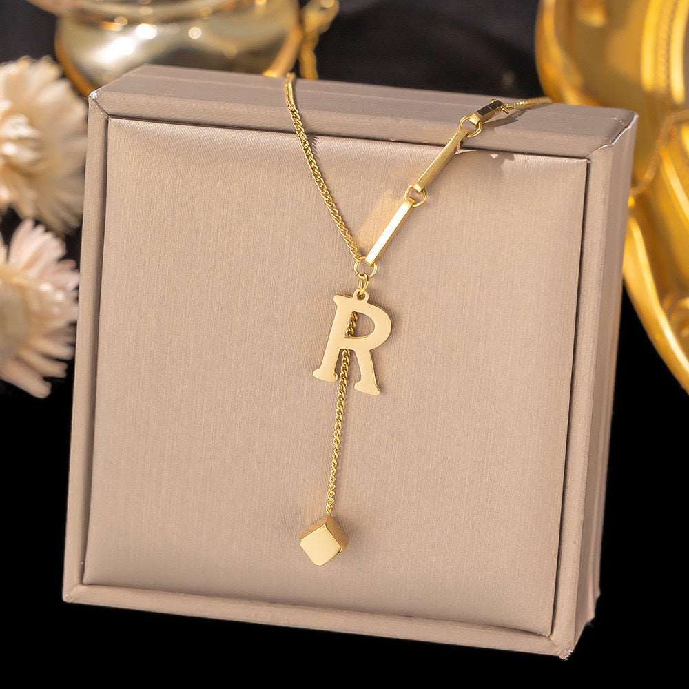 Women's Titanium Steel Graceful Personal Letter and Small Square Pendant Necklace - ChoreGirl
