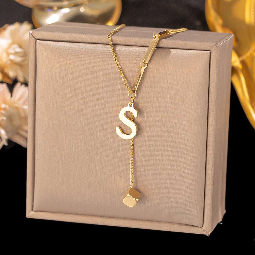 Women's Titanium Steel Graceful Personal Letter and Small Square Pendant Necklace - ChoreGirl
