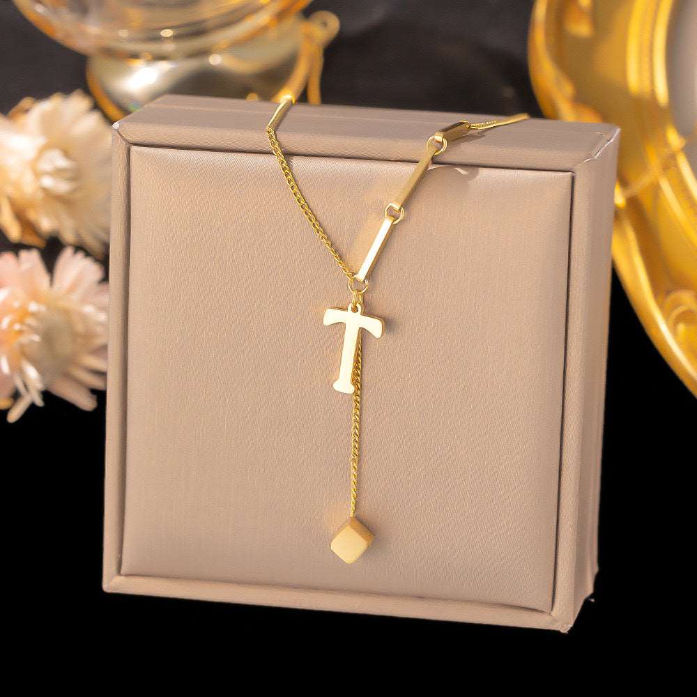 Women's Titanium Steel Graceful Personal Letter and Small Square Pendant Necklace - ChoreGirl