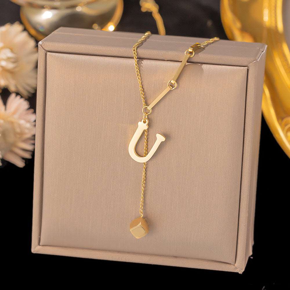 Women's Titanium Steel Graceful Personal Letter and Small Square Pendant Necklace - ChoreGirl