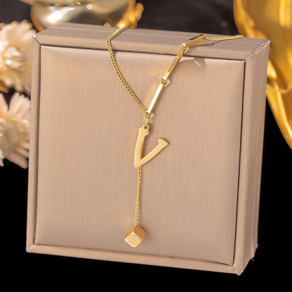 Women's Titanium Steel Graceful Personal Letter and Small Square Pendant Necklace - ChoreGirl