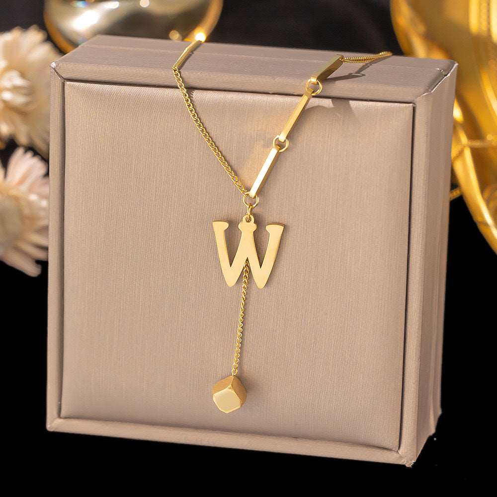 Women's Titanium Steel Graceful Personal Letter and Small Square Pendant Necklace - ChoreGirl