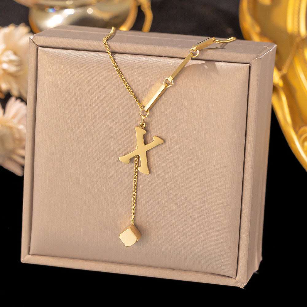 Women's Titanium Steel Graceful Personal Letter and Small Square Pendant Necklace - ChoreGirl