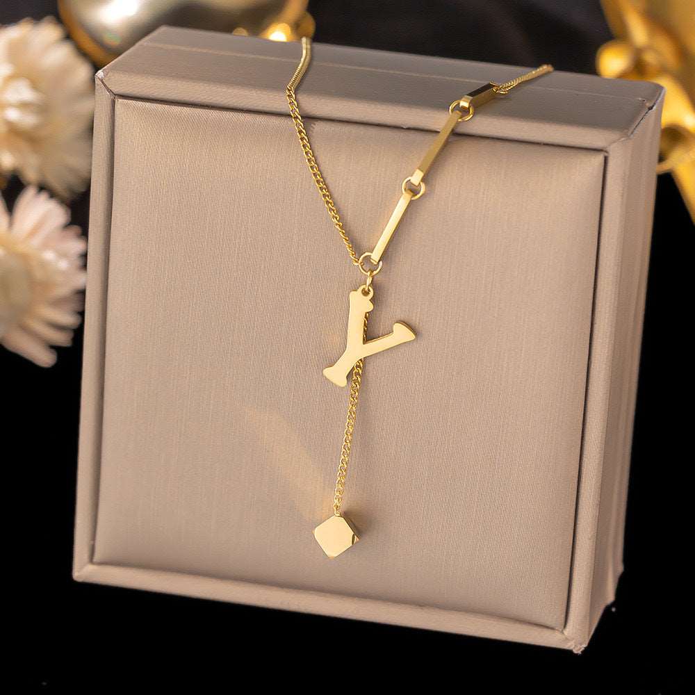 Women's Titanium Steel Graceful Personal Letter and Small Square Pendant Necklace - ChoreGirl