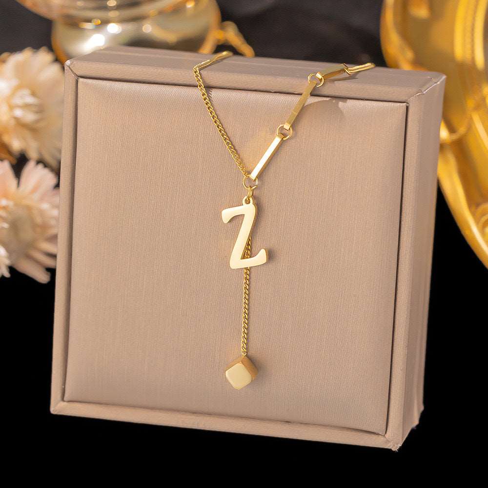 Women's Titanium Steel Graceful Personal Letter and Small Square Pendant Necklace - ChoreGirl