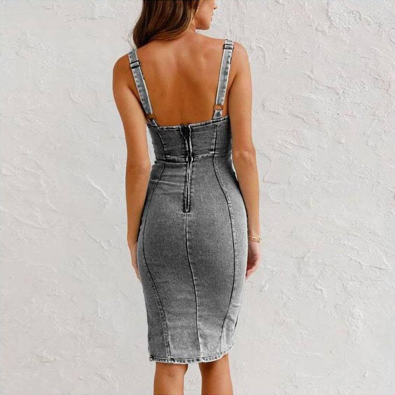Women's U-neck Tight Slim Fit Denim Dress - ChoreGirl