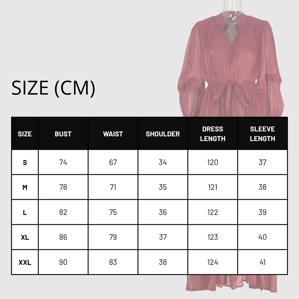 Women's V-neck Lantern Sleeve Fitted Waist Pleated Long Silk Dress with Belt - ChoreGirl