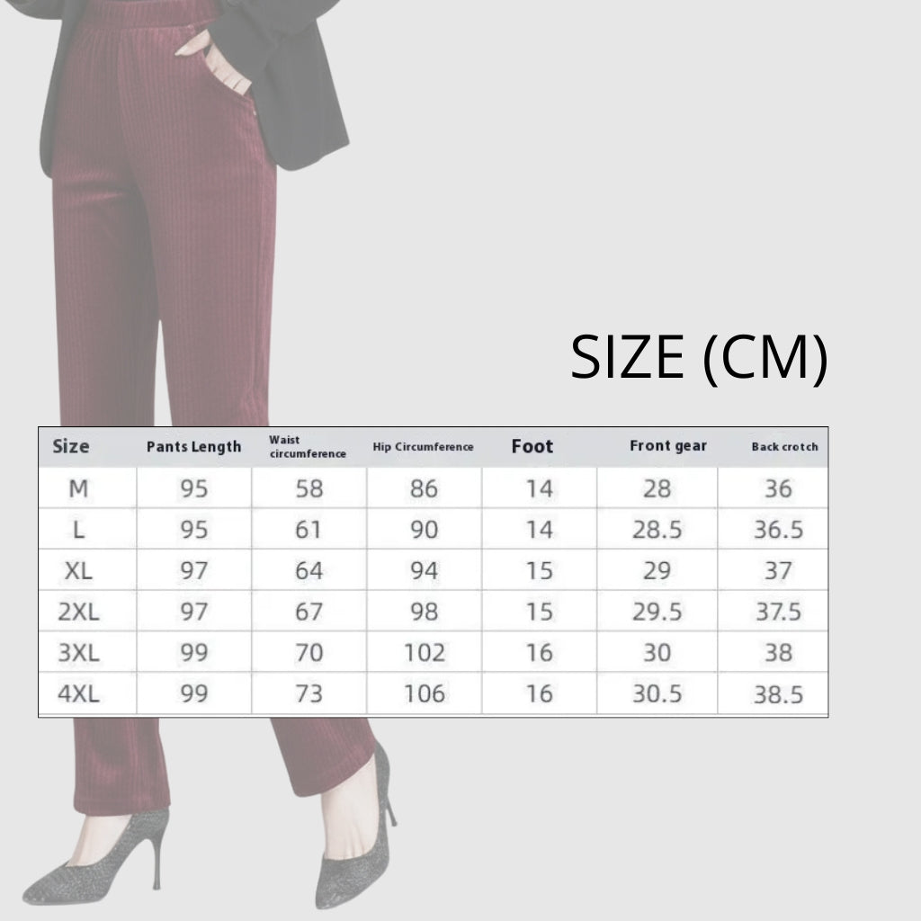 Size chart for pants displayed over a person wearing maroon pants.