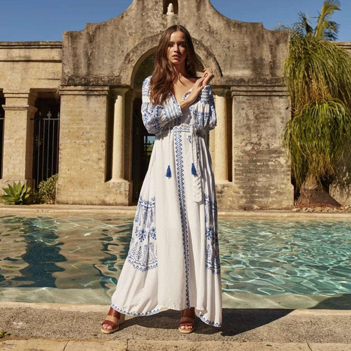Women's Vintage Boho Beach Hippie Long Sleeve Embroidery Loose Maxi Dress - ChoreGirl