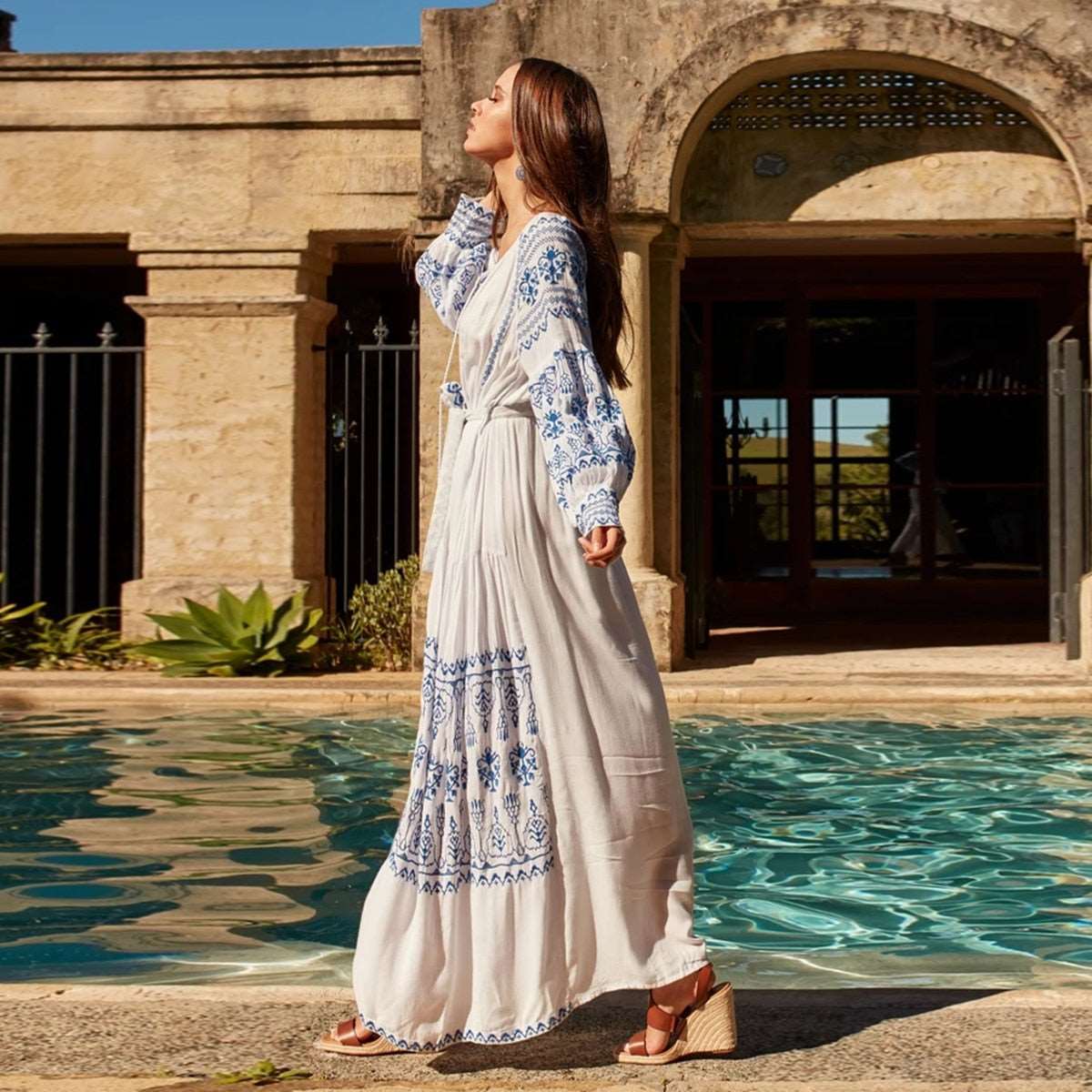 Women's Vintage Boho Beach Hippie Long Sleeve Embroidery Loose Maxi Dress - ChoreGirl