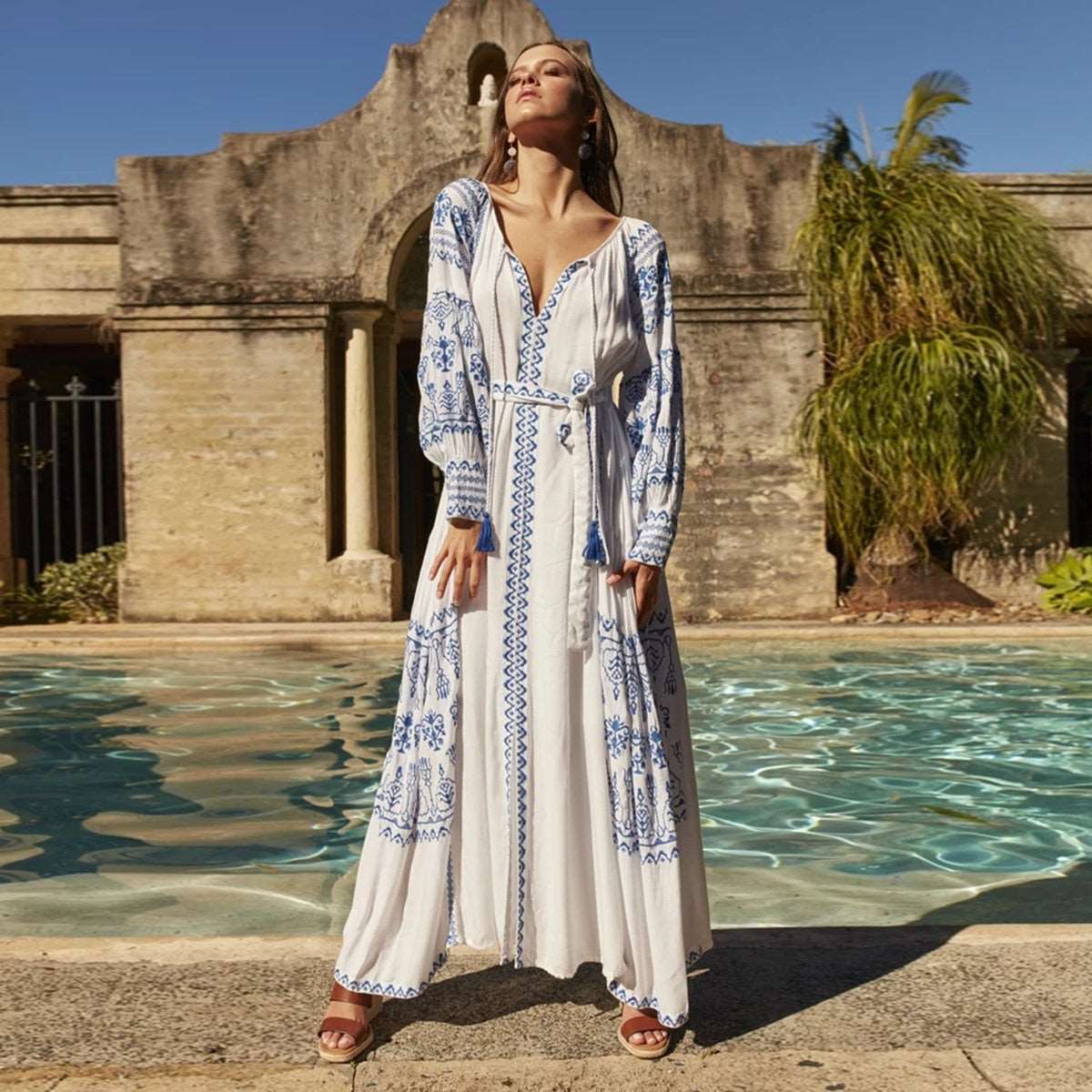 Women's Vintage Boho Beach Hippie Long Sleeve Embroidery Loose Maxi Dress - ChoreGirl