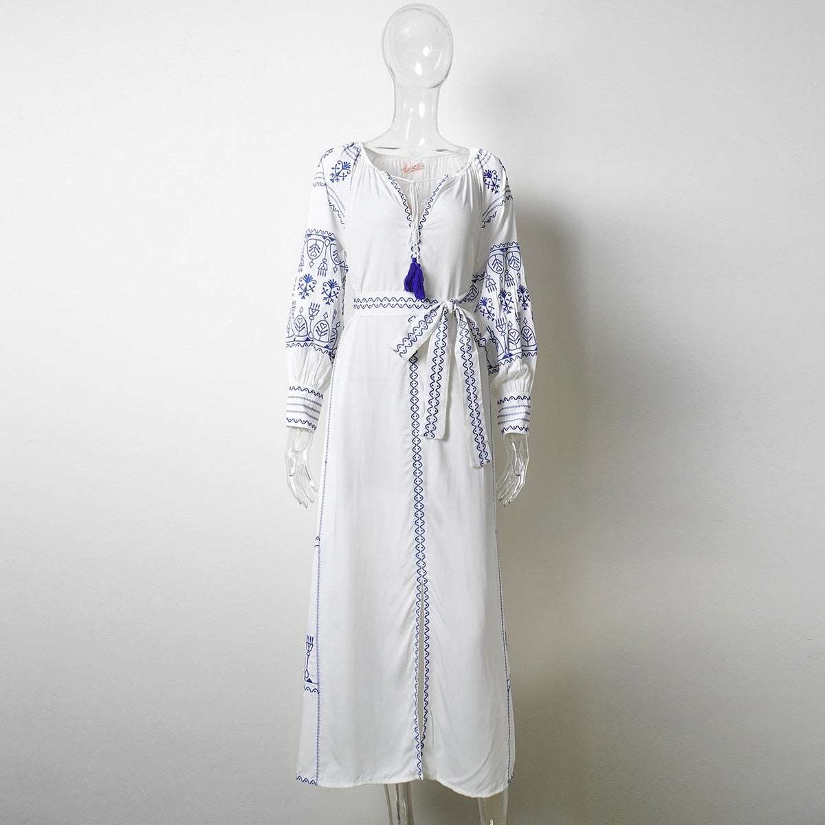 Women's Vintage Boho Beach Hippie Long Sleeve Embroidery Loose Maxi Dress - ChoreGirl