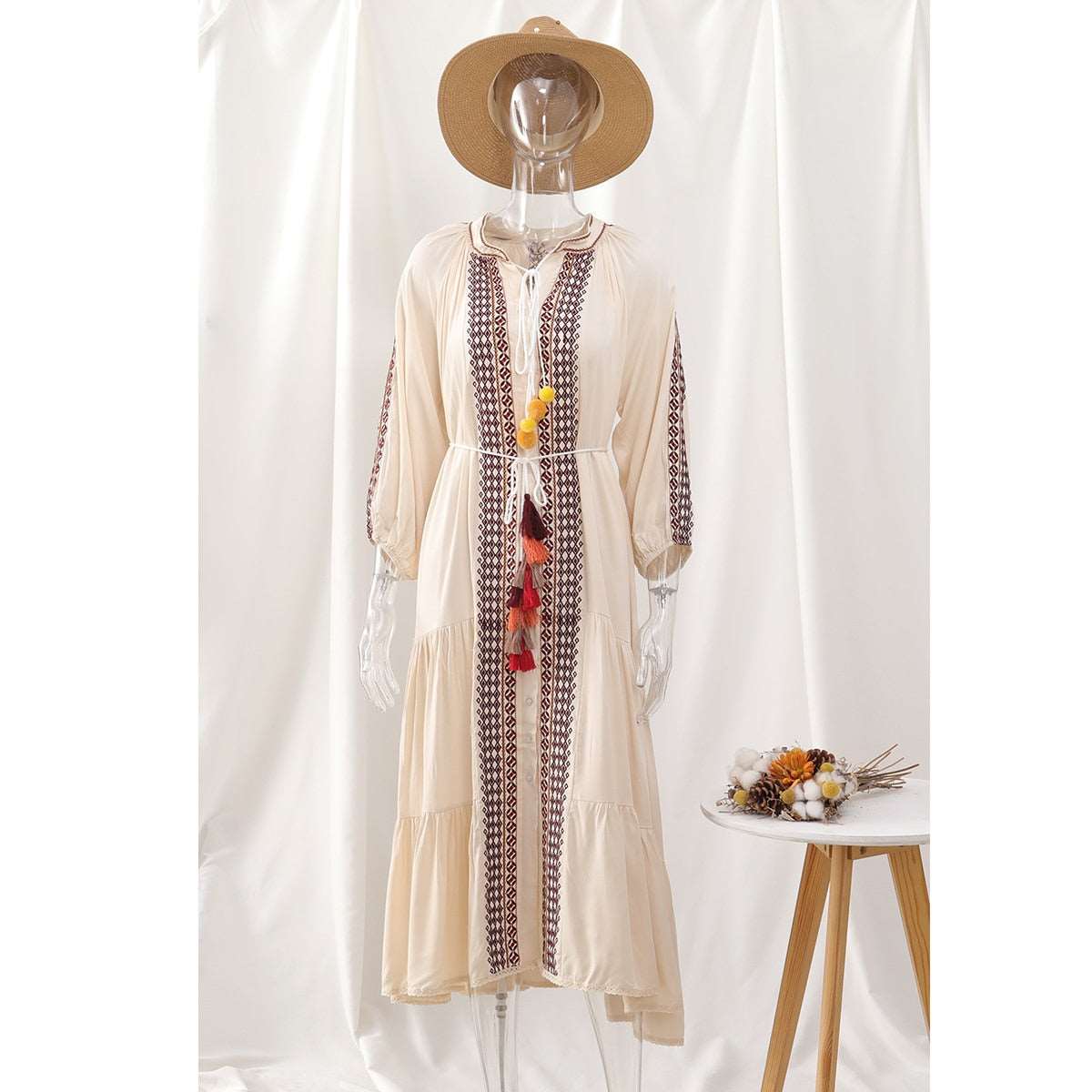 Women's Vintage Boho Beach Hippie Long Sleeve Embroidery Loose Maxi Dress - ChoreGirl