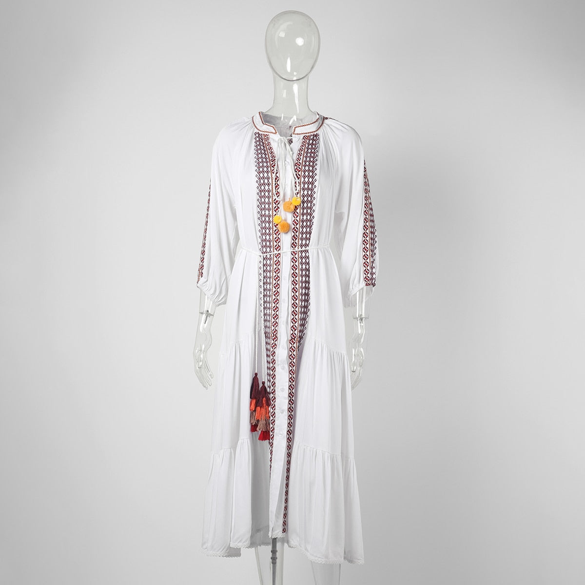 Women's Vintage Boho Beach Hippie Long Sleeve Embroidery Loose Maxi Dress - ChoreGirl