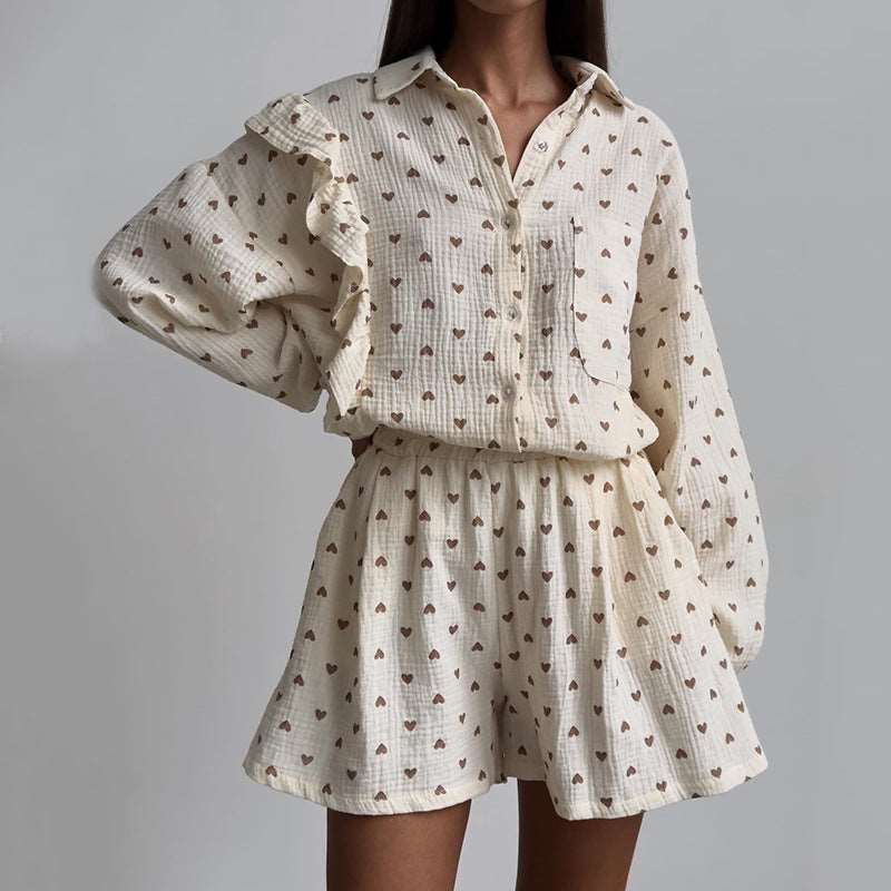 Women's Vintage Boho Heart Pattern Long Sleeved Shirt and Shorts Outfit Set - ChoreGirl