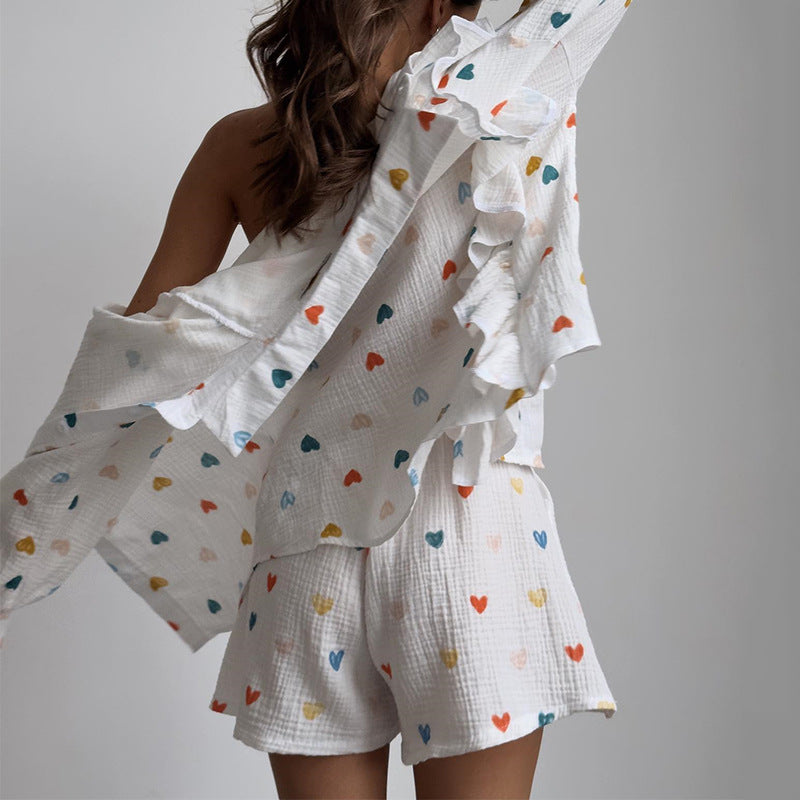 Women's Vintage Boho Heart Pattern Long Sleeved Shirt and Shorts Outfit Set - ChoreGirl