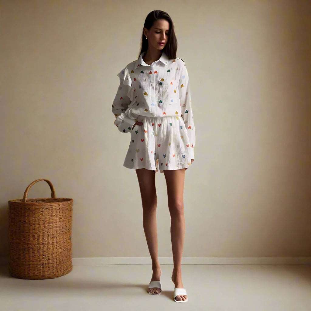 Women's Vintage Boho Heart Pattern Long Sleeved Shirt and Shorts Outfit Set - ChoreGirl