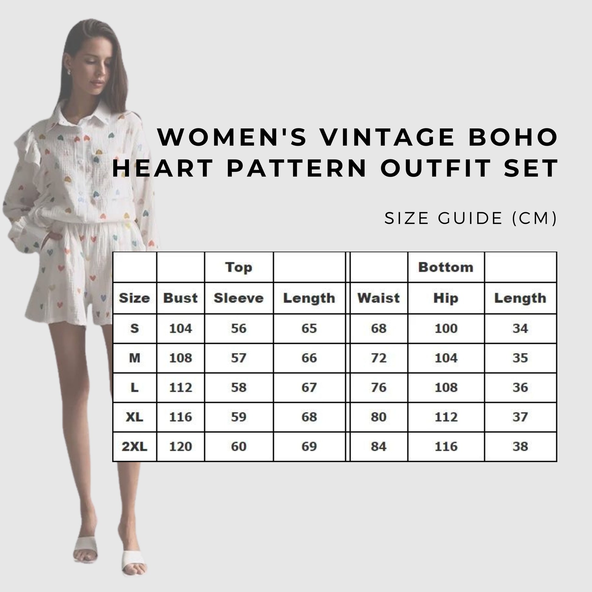 Women's Vintage Boho Heart Pattern Long Sleeved Shirt and Shorts Outfit Set - ChoreGirl