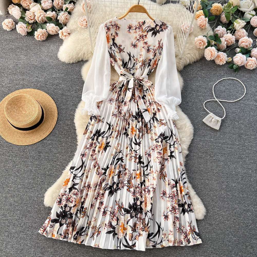 Women's Vintage Floral Pattern Print Long Sleeve Dress with Belt - ChoreGirl