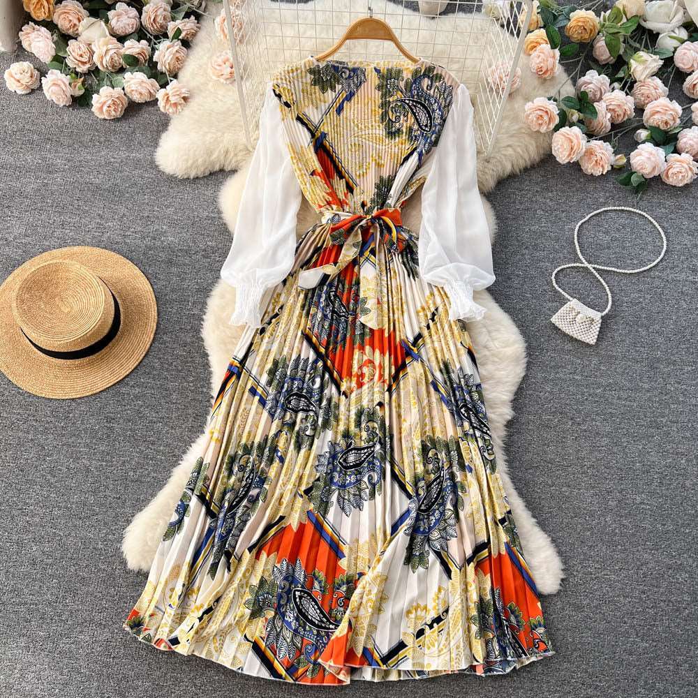 Women's Vintage Floral Pattern Print Long Sleeve Dress with Belt - ChoreGirl
